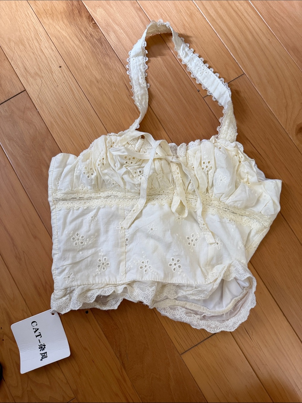 Lace-Trim Eyelet Halter Crop Top - Cream